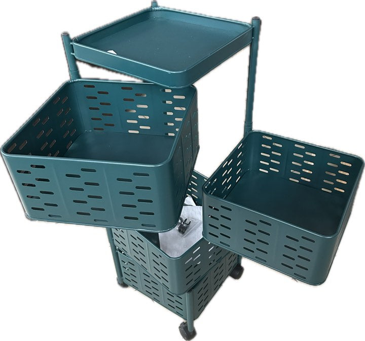 Desserte carrée en métal vert à roulettes et 4 paniers rotatifs