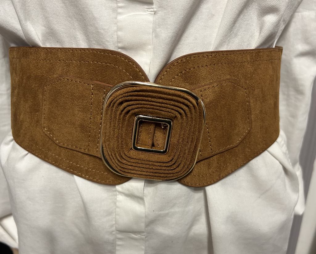 Ceinture large caramel , aspect velours et élastique , boucle caramel , marque FAshion