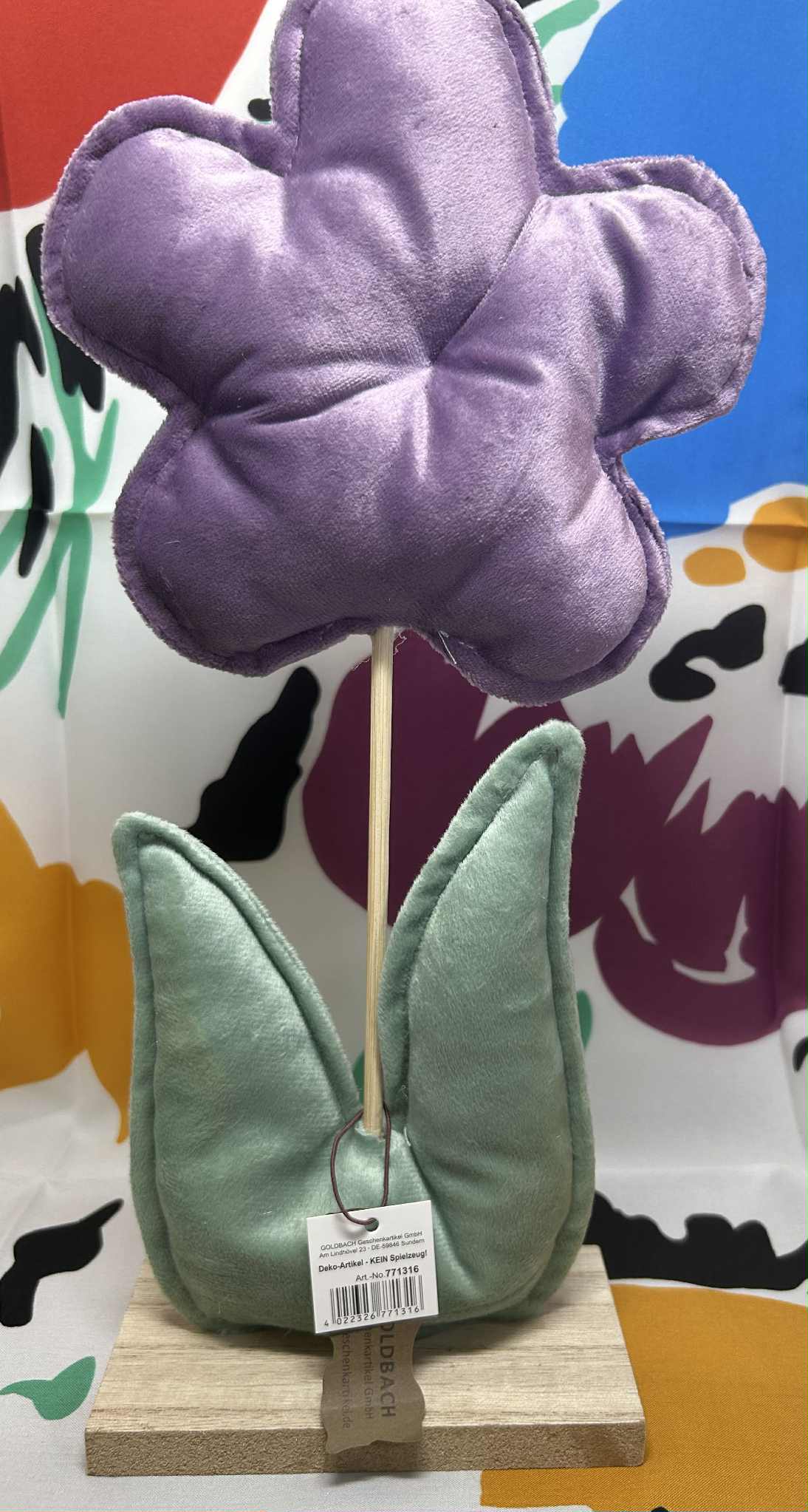 Fleur en tissus mauve et vert sur socle bois de GmbH (32*13.5cm)