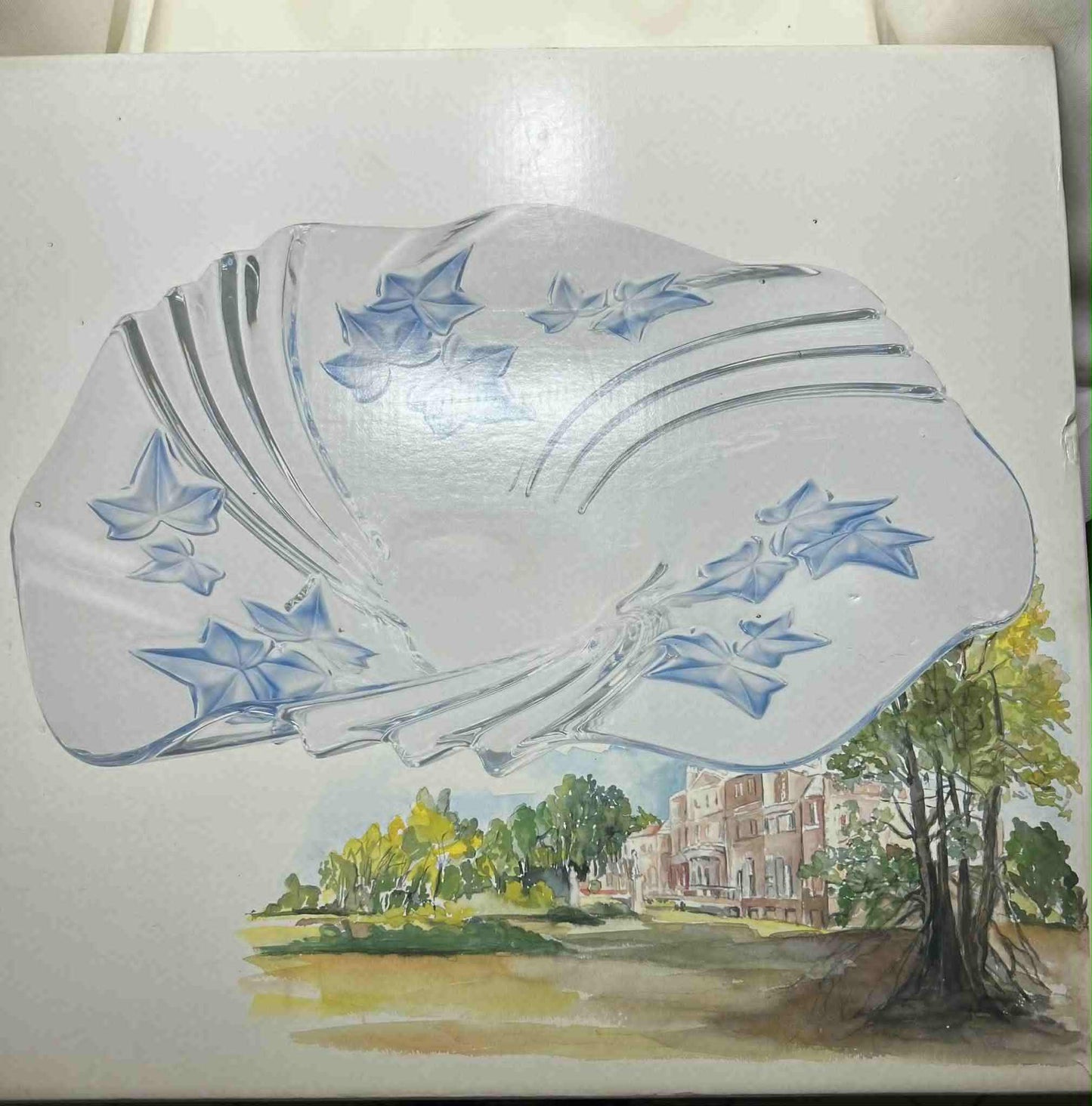 Joli plat à fruit décoré de feuilles bleues en Walther glas de GmbH (39*40cm)