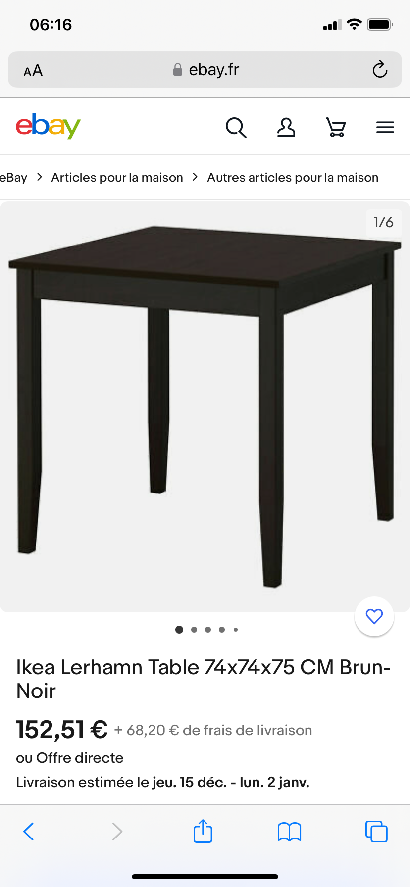 TABLE LERHAMN IKEA BRUN NOIR 74*74