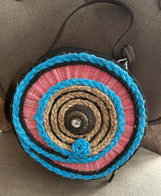 Petit sac rond en laine , bambou et cuir synthétique 18 cm de diamètre