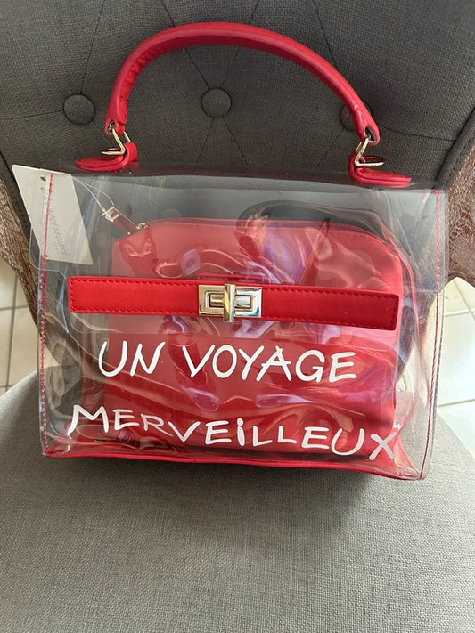 Sac transparent et rouge « un voyage merveilleux « 28*22cm