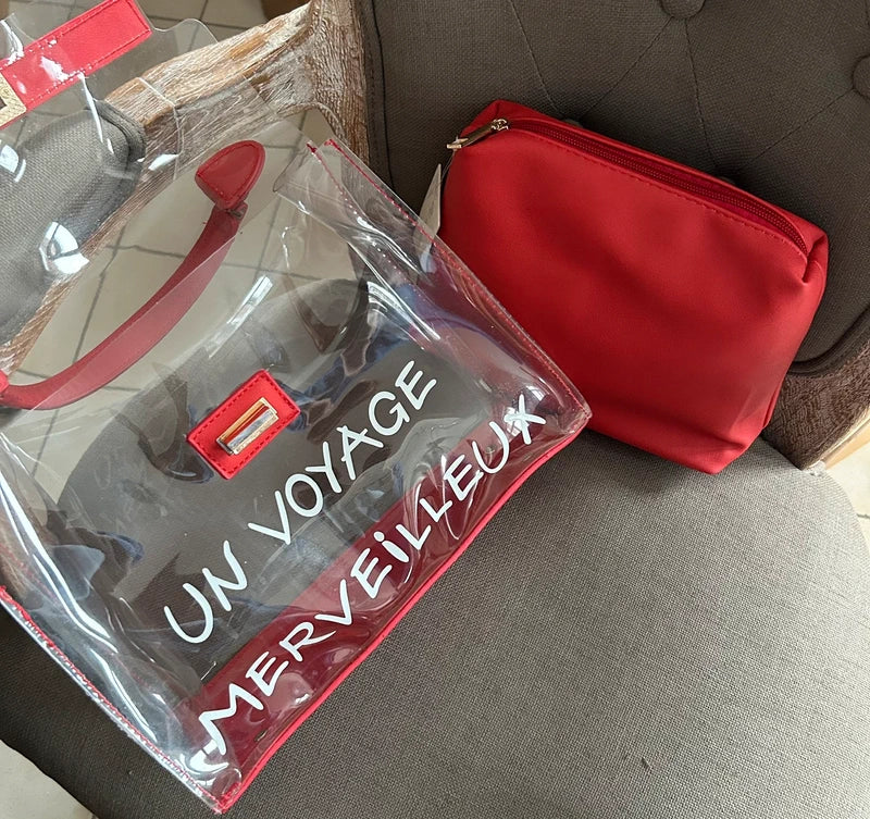 Sac transparent et rouge « un voyage merveilleux « 28*22cm