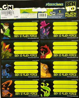 8 ETIQUETTES SCOLAIRES BEN10 ALIEN FORCE CARTOON NETWORK