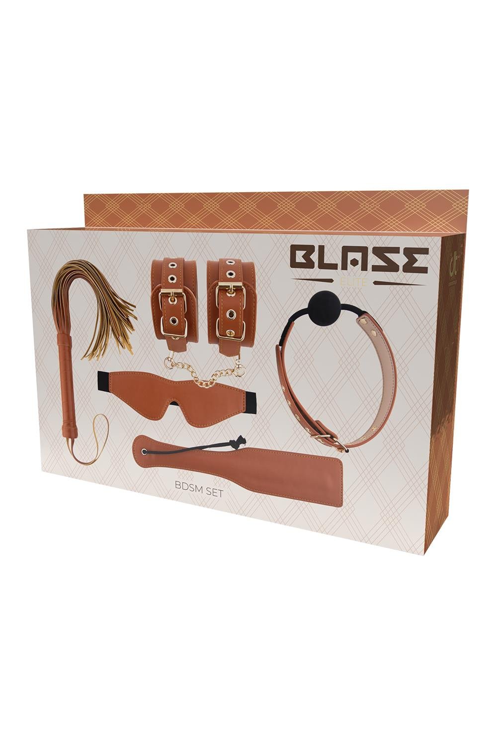 Ensemble BDSM Blaze Elite de DREAMTOYS cognac , en cuir végan
