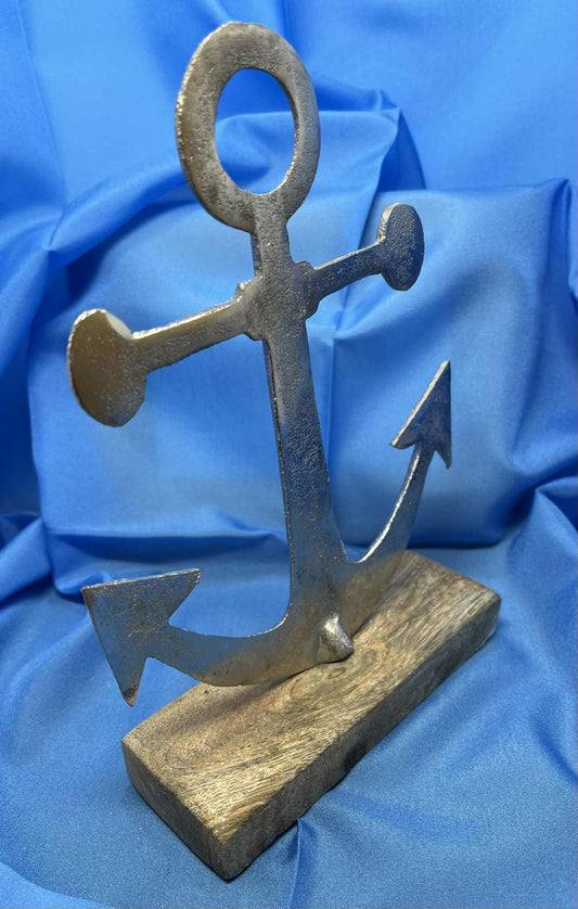 Ancre en métal argenté sur socle en bois de manguier (16*22cm) GmbH