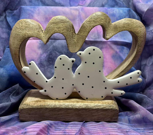 Support cœur en bois de manguier pour couple d'oiseaux en bois blanc de GmbH (19.5*15cm)