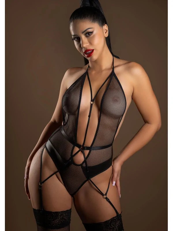 Daring Intimates Lingerie Wetlook Et Résille Body Noir L/XL