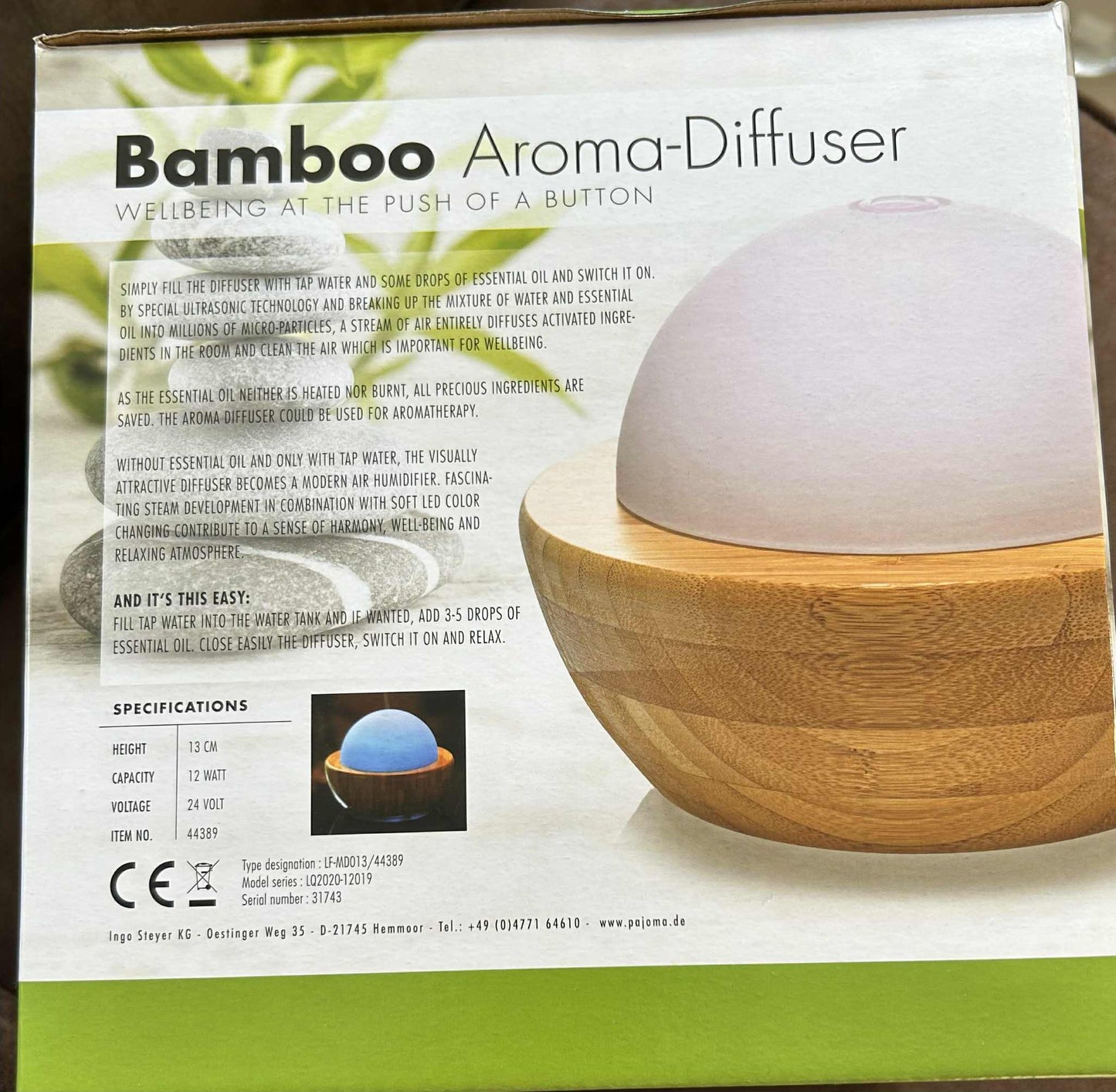 Diffuseur d'huiles essentielles en bambou fonctionnant avec de l'eau de Pajoma