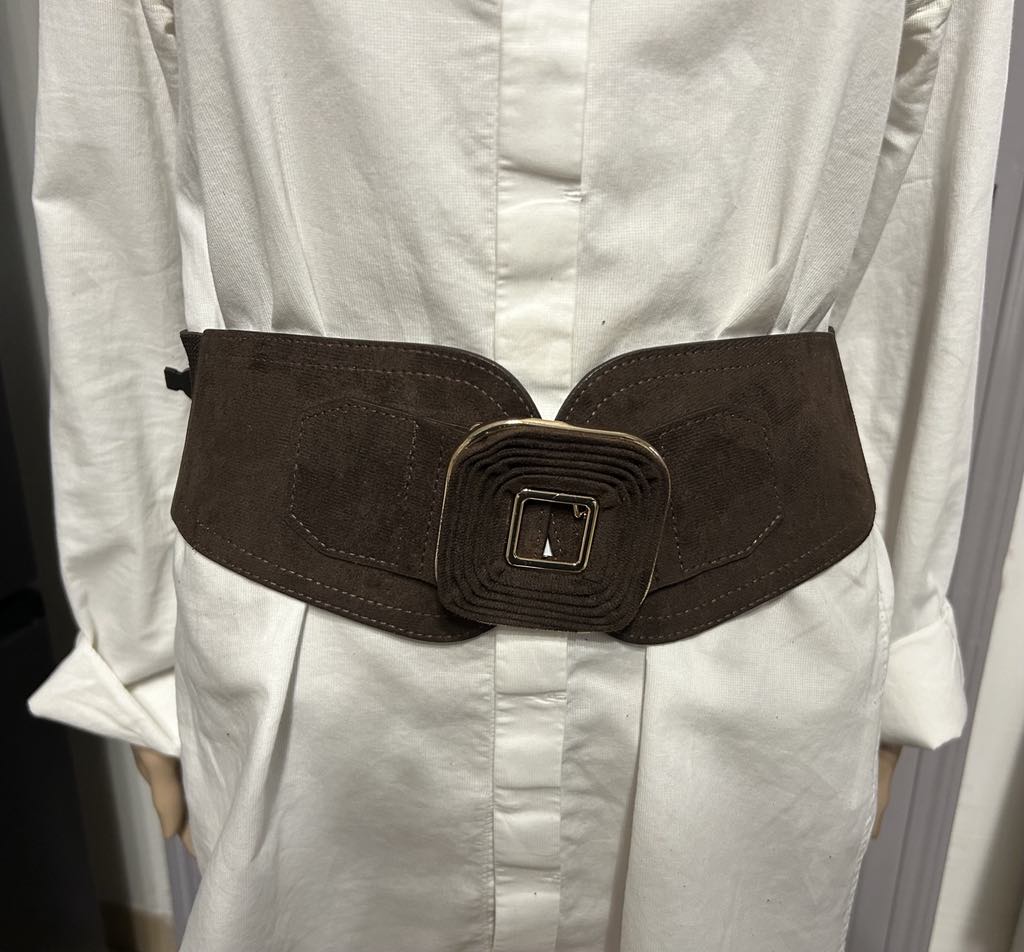 Ceinture large,  marron , aspect velours et élastique, boucle marron Marque Fashion
