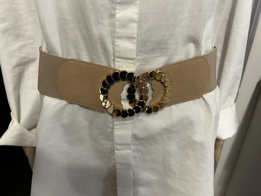 Ceinture élastique beige , large boucle dorée Fashion