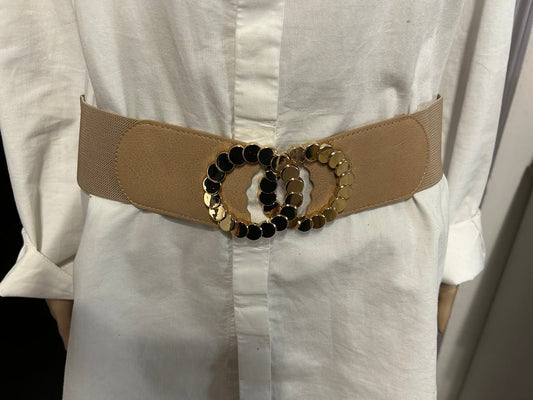 Ceinture élastique beige , large boucle dorée Fashion