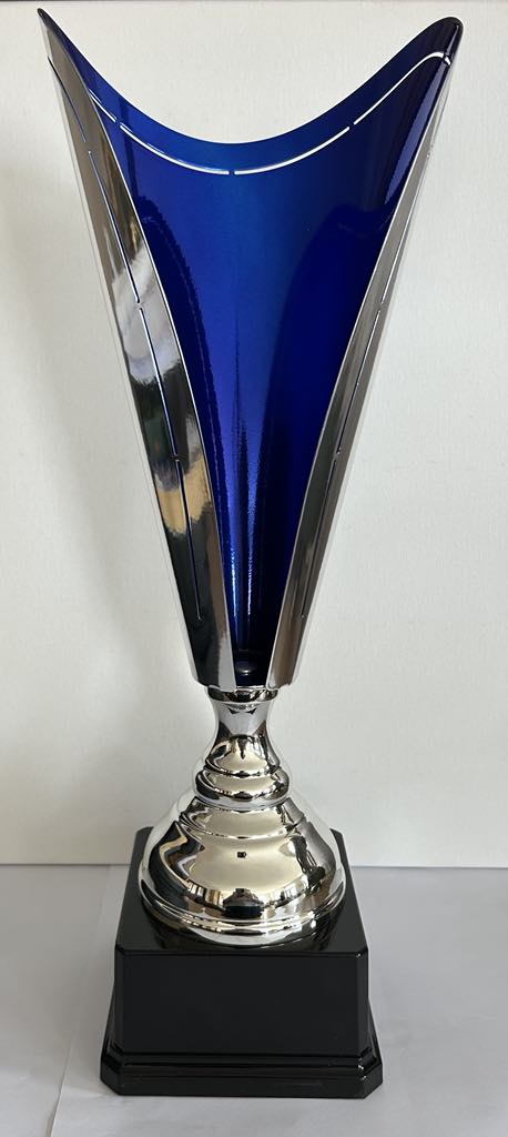 Trophée de 43.5 cm bleu et argent  socle noir