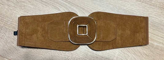 Ceinture large caramel , aspect velours et élastique , boucle caramel , marque FAshion