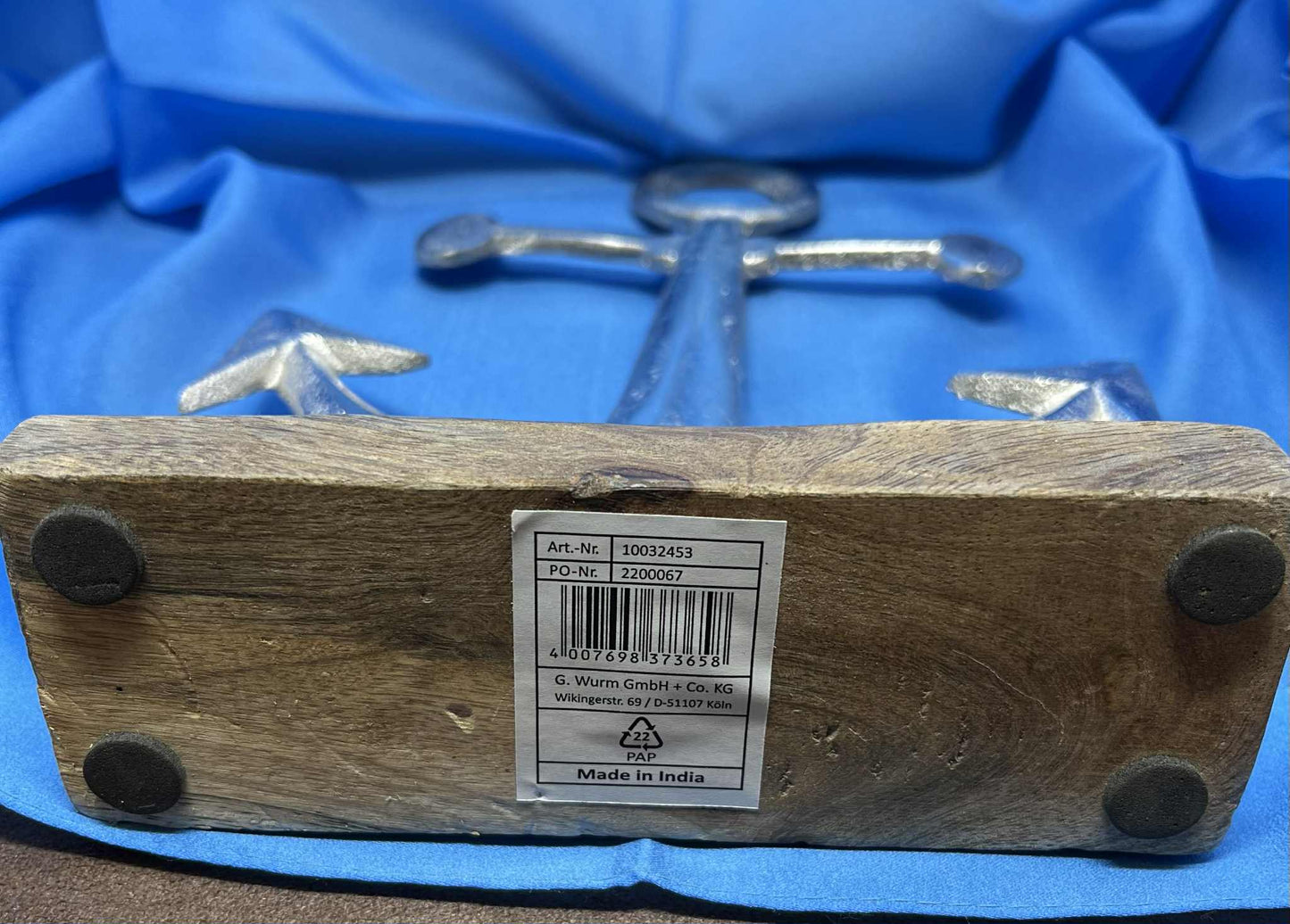 Ancre en métal argenté sur socle en bois de manguier (16*22cm) GmbH