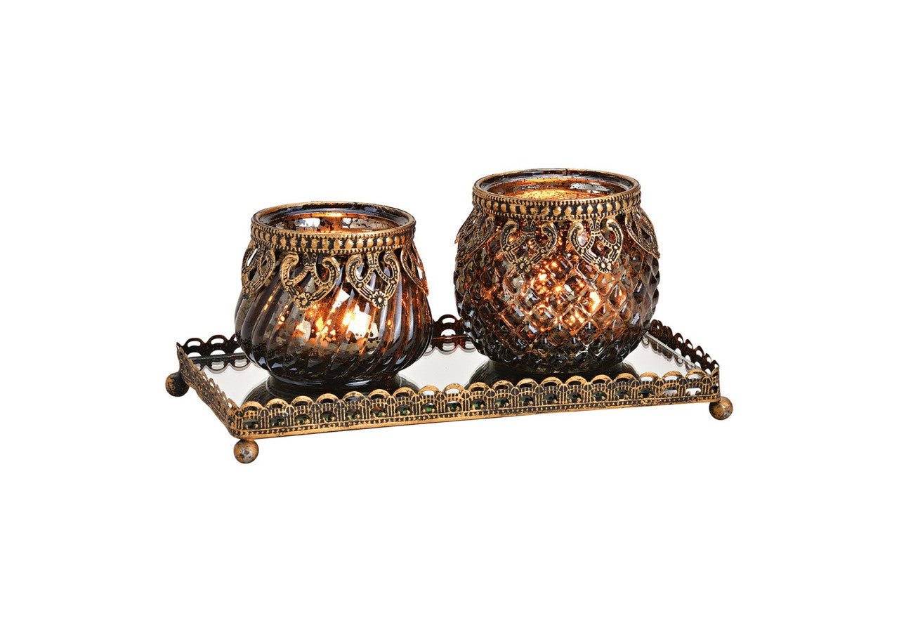 Set de Lanternes sur Plateau Miroir - Métal Noir et Or, 3 pièces (20x9x10cm)