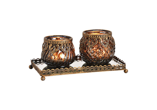 Set de Lanternes sur Plateau Miroir - Métal Noir et Or, 3 pièces (20x9x10cm)