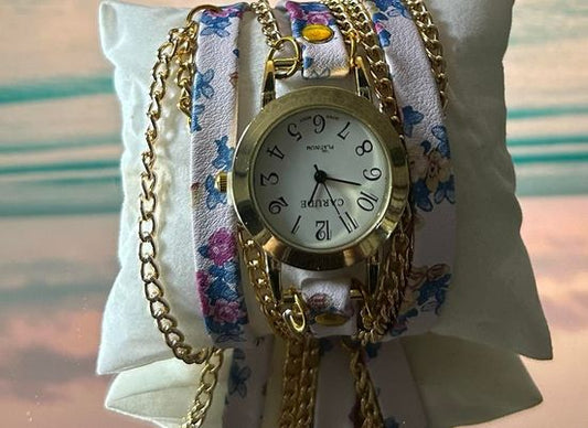 MONTRE FANTAISIE BRACELET ROSE ET FLEURS