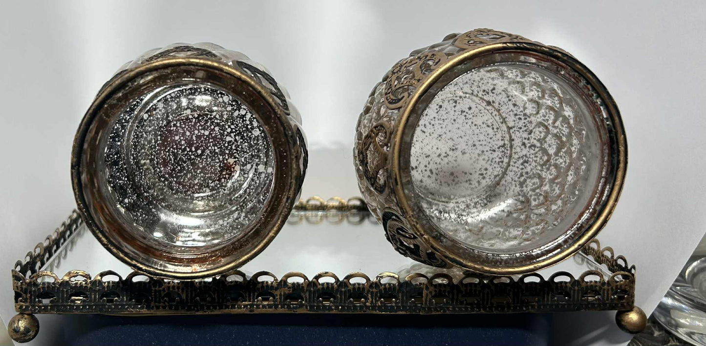 Set de Lanternes sur Plateau Miroir - Métal Noir et Or, 3 pièces (20x9x10cm)