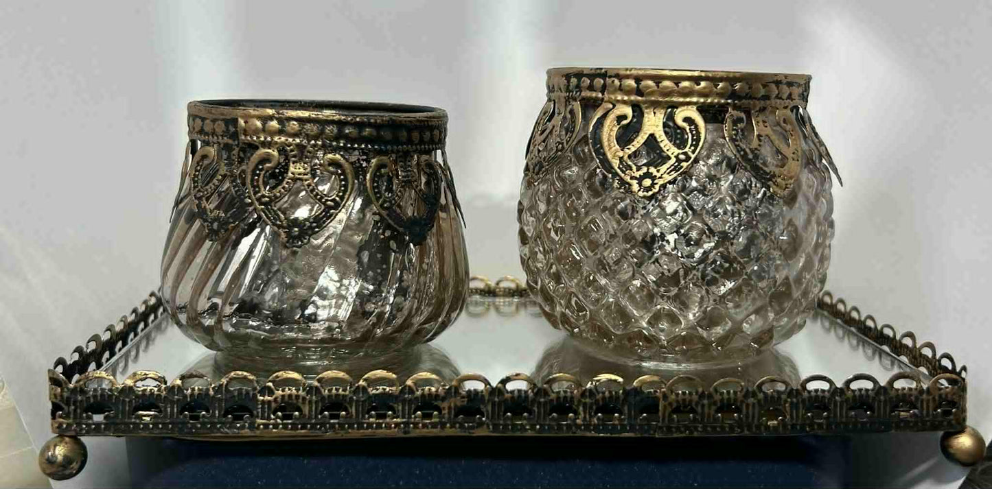 Set de Lanternes sur Plateau Miroir - Métal Noir et Or, 3 pièces (20x9x10cm)