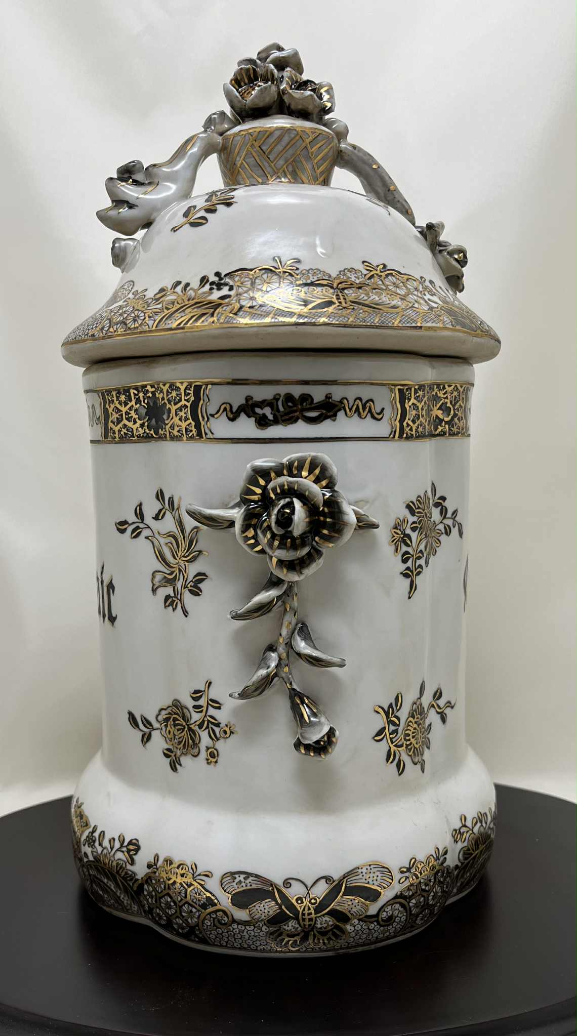 Lot de 4 grands pots d'apothicaire décorés h 27cm diamètre 15 cm