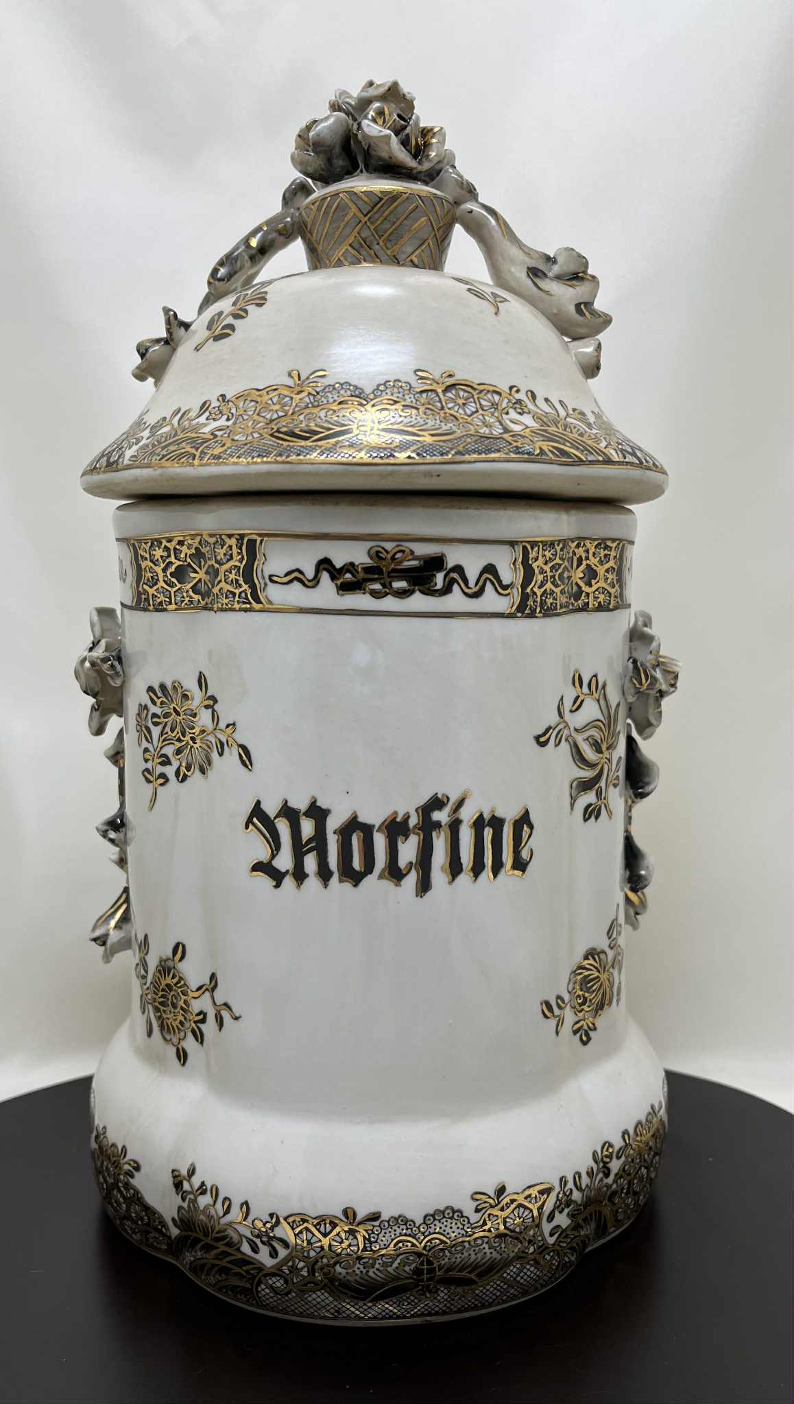 Lot de 4 grands pots d'apothicaire décorés h 27cm diamètre 15 cm