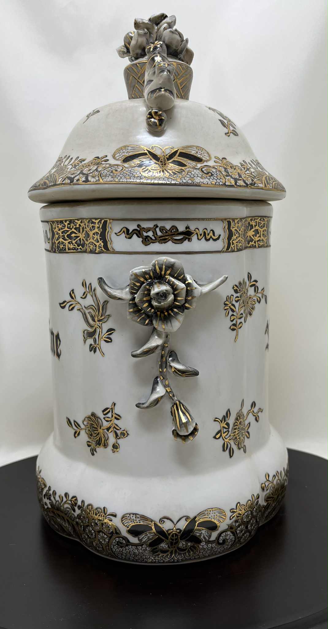 Lot de 4 grands pots d'apothicaire décorés h 27cm diamètre 15 cm