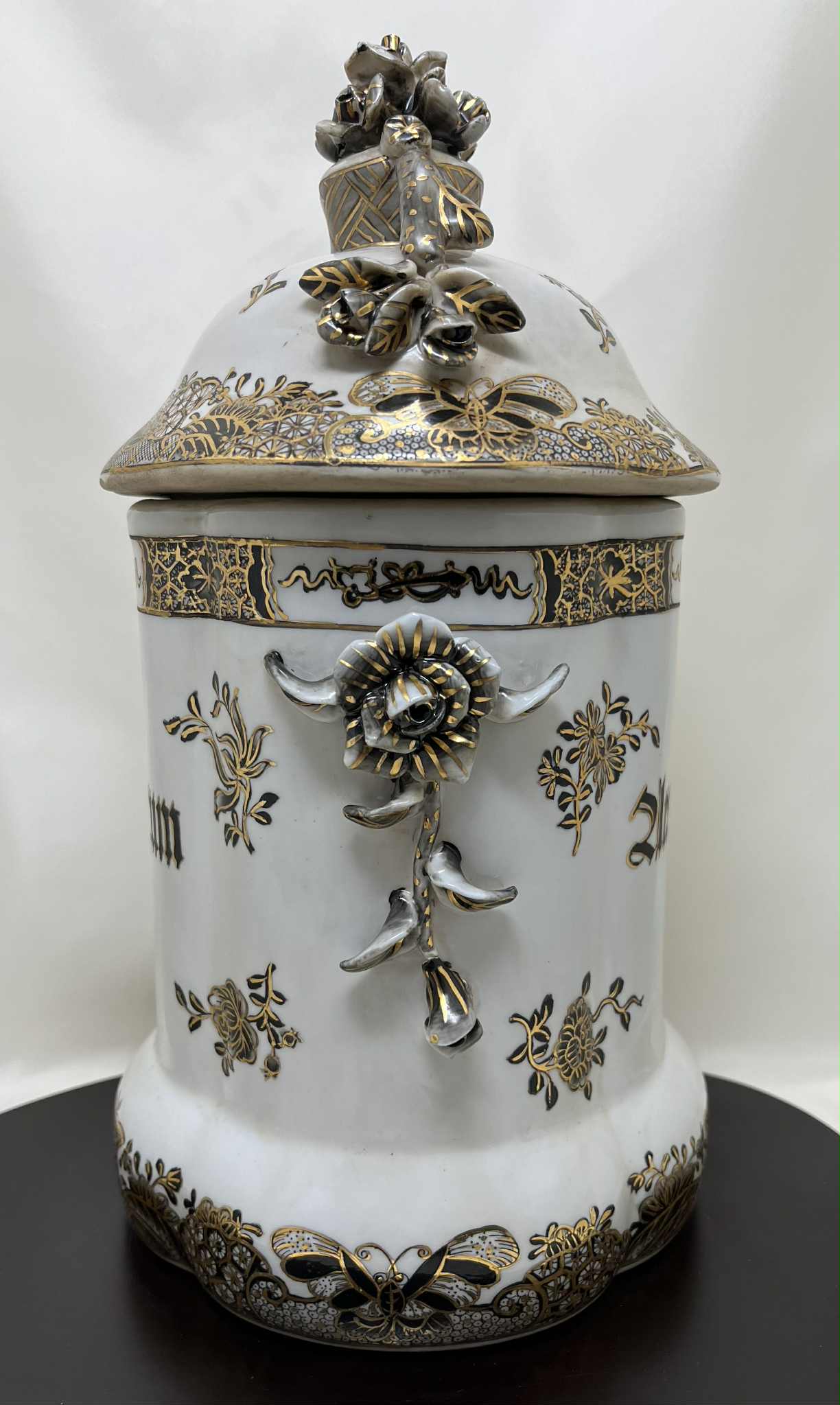 Lot de 4 grands pots d'apothicaire décorés h 27cm diamètre 15 cm