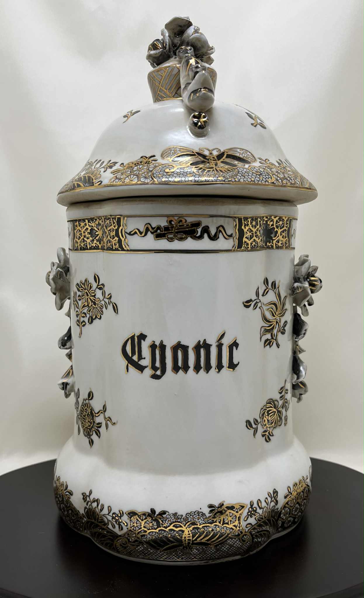 Lot de 4 grands pots d'apothicaire décorés h 27cm diamètre 15 cm