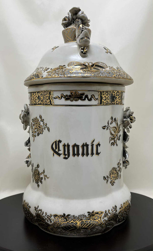 Lot de 4 grands pots d'apothicaire décorés h 27cm diamètre 15 cm