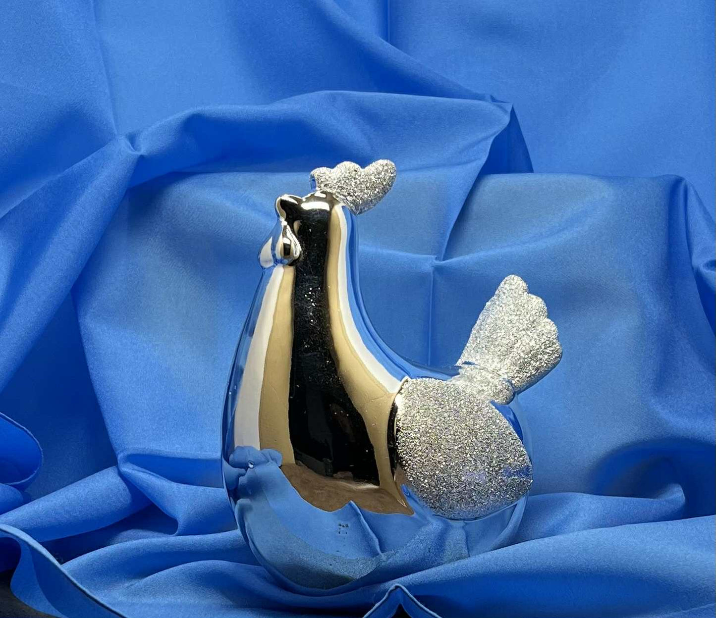 Poule en plâtre peinte en argenté et paillettes de GmbH (14.5*12cm)