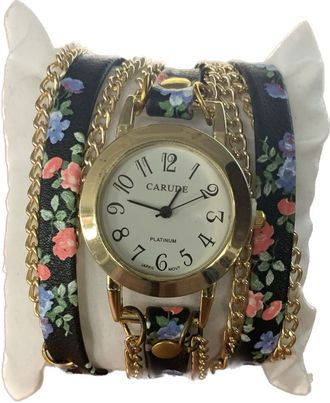 MONTRE FANTAISIE BRACELET BRACELET NOIR ET FLEURS